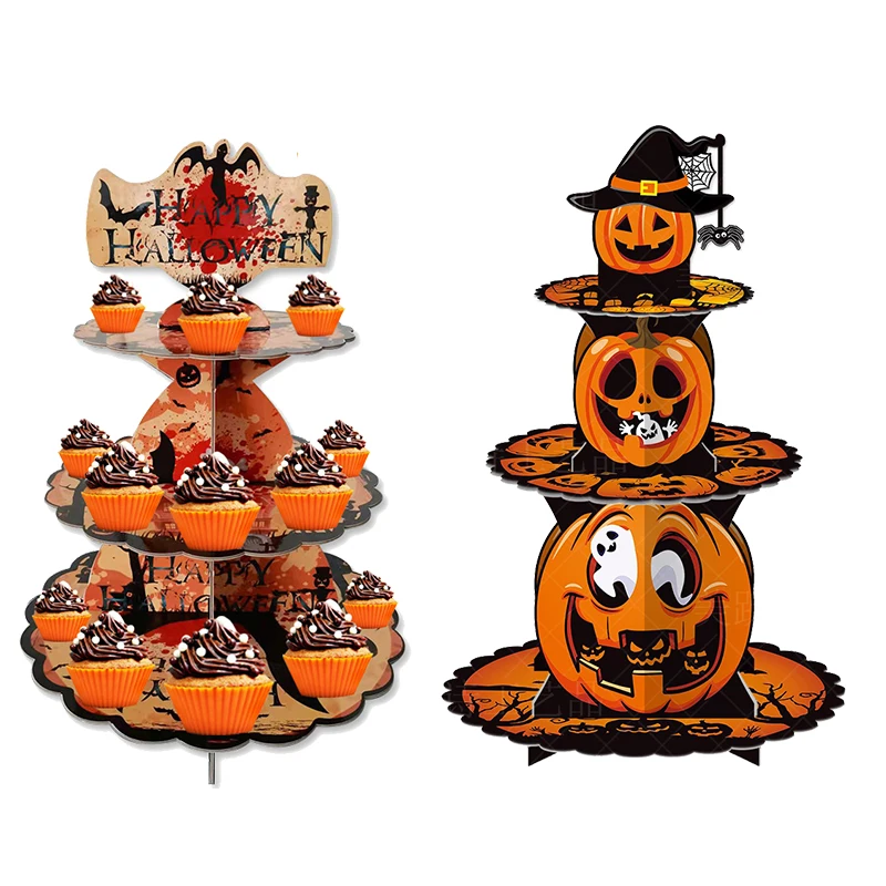 

3 Tier Happy Halloween Pumpkin Cupcake Stand Holder Halloween Decoration For Home kids favors Dessert Cardboard Cupcake Tower