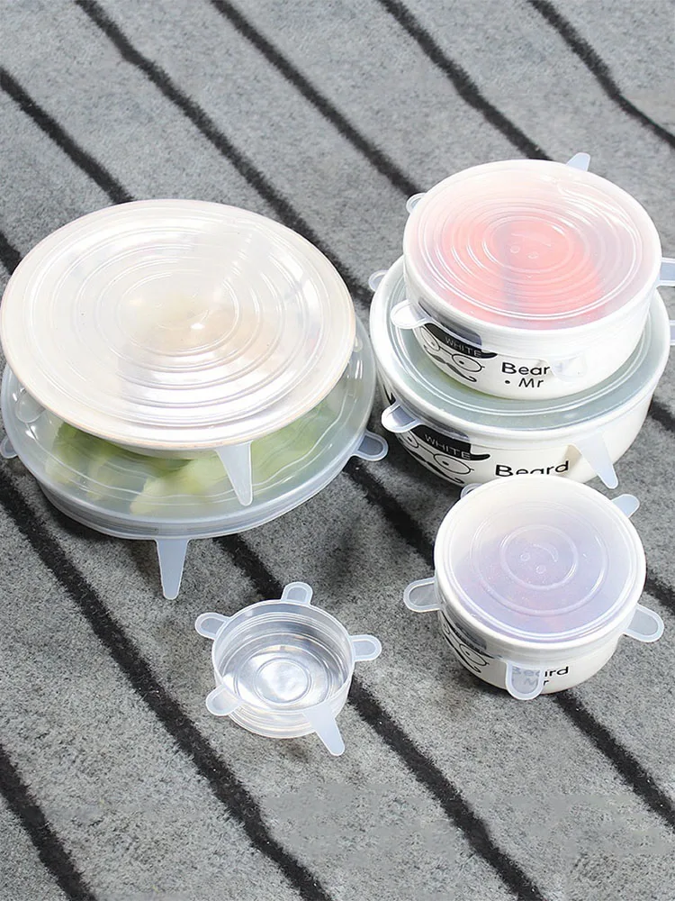 

6pcs/Set Silicone Food Fresh Cover Sealing Film Universal Lids Bowl Cap Reusable Microwave Cover Stretch Lids Kitchen Gadgets