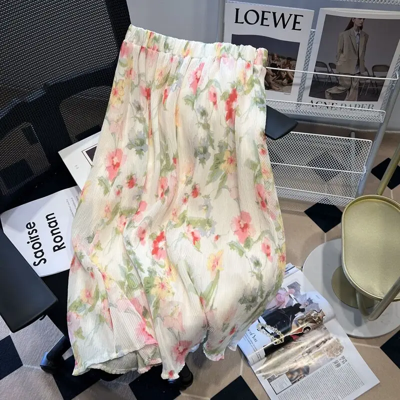 

Летняя новая шифоновая юбка средней длины в Корейском стиле с милым принтом, легкая элегантная винтажная тонкая юбка с эластичным поясом