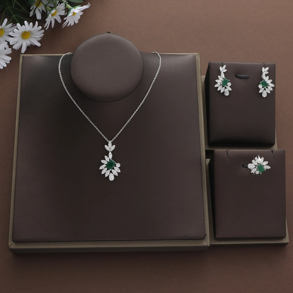 

New Luxury Waterdrop Square Leaves Cubic Zircon Engagement Dubai Naija Bridal Finger Rings Necklace Earring Jewelry Set S460