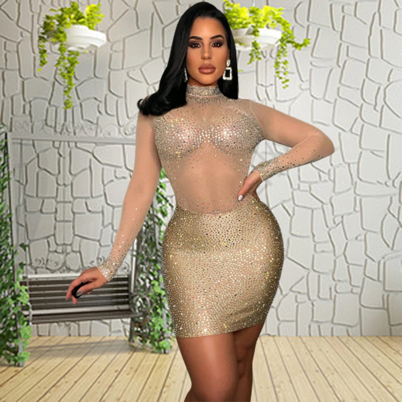 Women Elegant Rhinestone Decor Sheer Mesh Bodycon Dress Fashion Sexy Long Sleeve Women'S European And American Dress Night Show