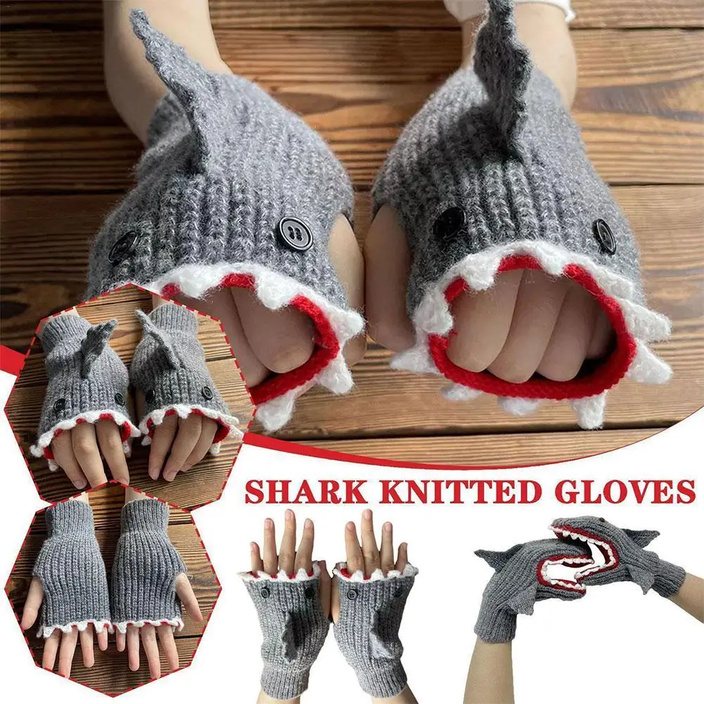 

Новые Мультяшные Синие Серые перчатки с укусом акулы теплые вязаные перчатки с открытыми пальцами для улицы осенние зимние женские перчатки