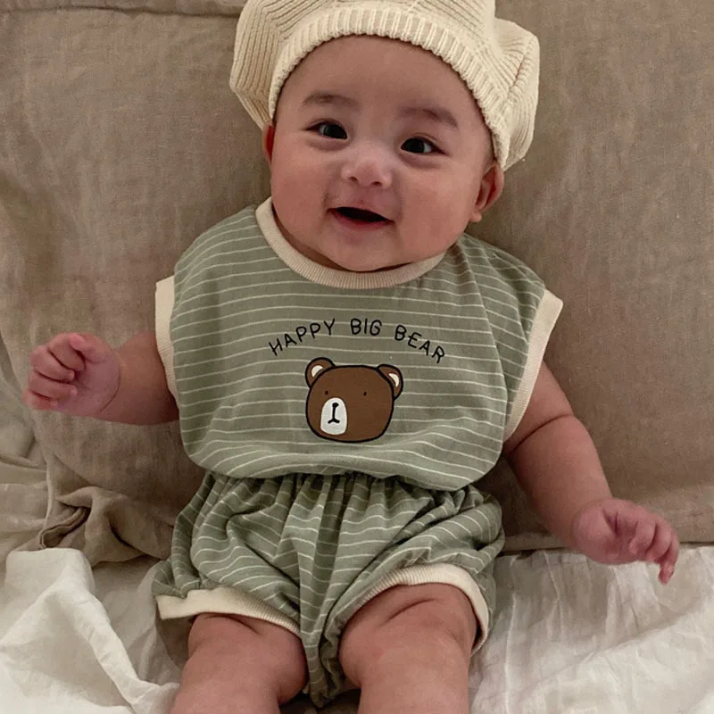 

Newborn Baby Girl Cute Bear Print Elastic Waist Sleeveless Jumpsuit Fashion Striped Thin Cotton Toddler Boy Romper One Pieces