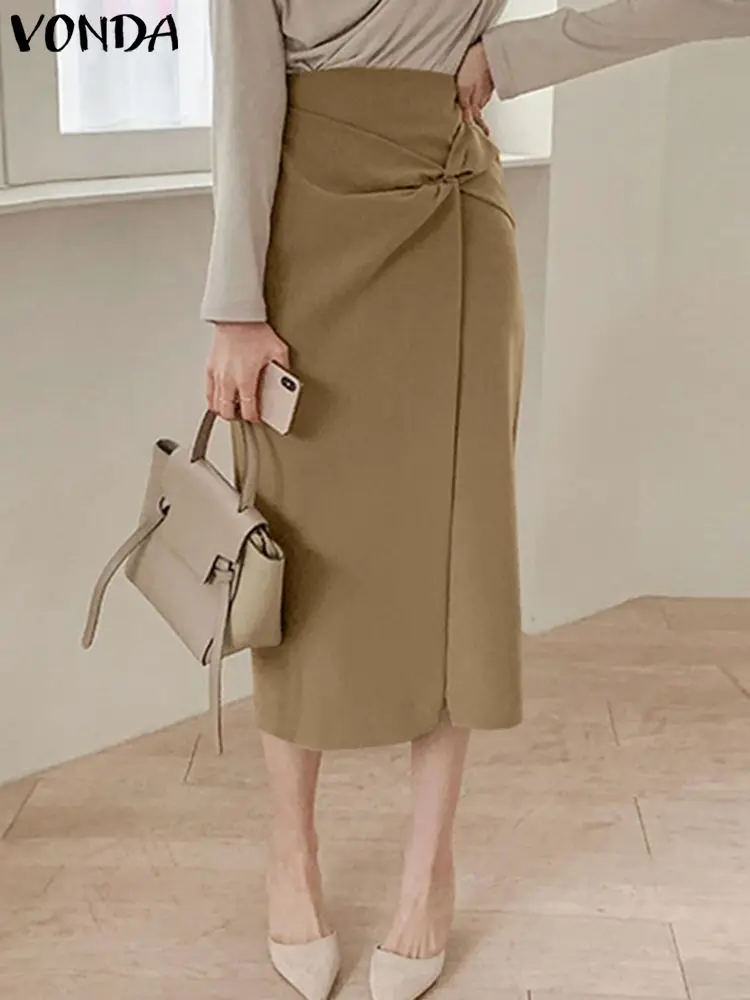 

VONDA Women Pleated Skirts 2023 Sexy Split Mid-Calf Office Lady A-Line Solid Color Skirts Fashion Casual Bottoms Oversized