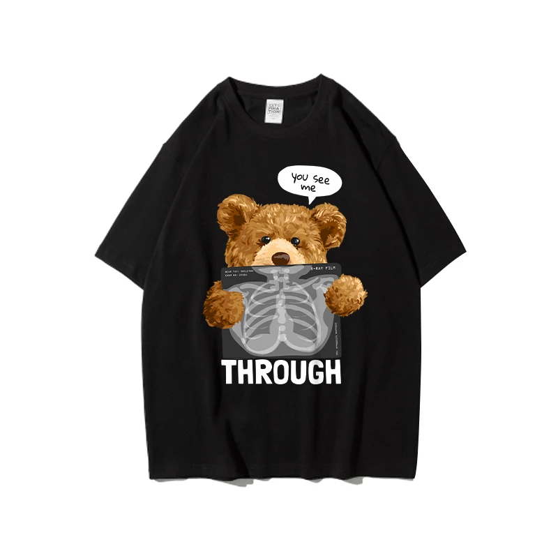 

ExtFine Harajuku Bear Oversized T-shirt Hip Hop Fashion Letter Printed Short Sleeve Man's Tees Summer Pure Cotton Unisex Tops