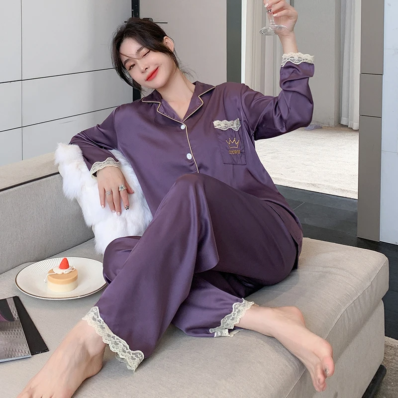 

Новинка, Женская шелковая пижама на осень и зиму, брюки с длинным рукавом, шелковые свободные костюмы в Корейском стиле для домашнего исполь...