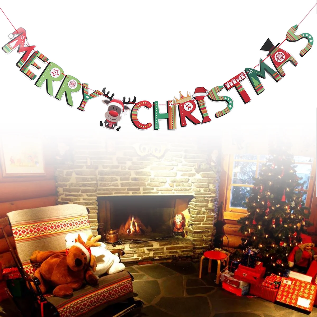 

1 pc Xmas Paper Hanging Decor Christmas Party Banner Garlands Fireplace Hanging Decor Christmas Bunting Banner for Outside