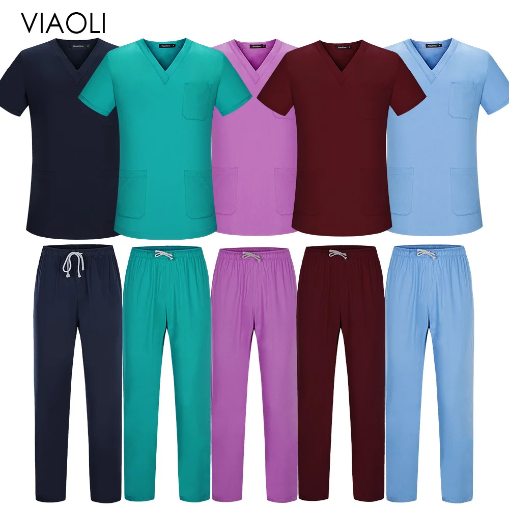 

Viaoli унисекс Топ с коротким рукавом Брюки Одежда для доктора рабочая одежда мужская униформа для кормления скрабы женский скраб комплекты униформа медсестры