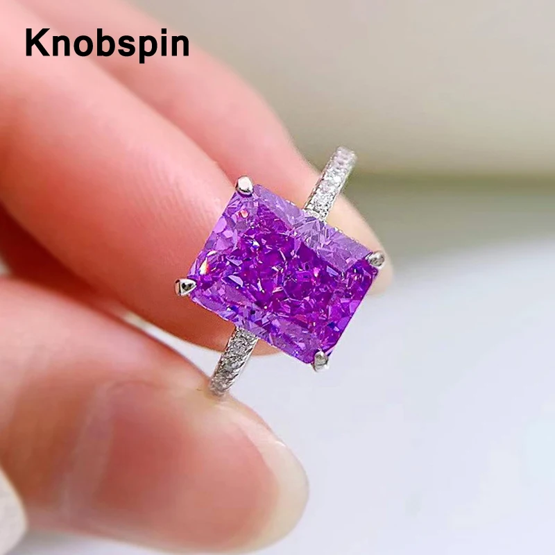 

Knobspin Silver 925 Real Anniversary Gift For Wife Ring Purple 8*10 Radiant Cut High Carbon Diamond Cocktail Party Fine Jewelry