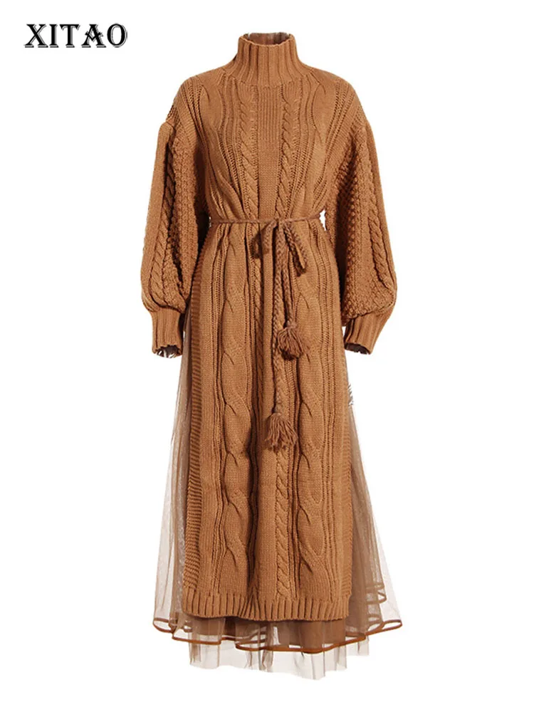 

XITAO, Сетчатое платье, пуловер, вязаное, однотонное, в стиле пэчворк, маленькое, свежее, повседневное, стильное, Бандажное, элегантное, 2022 стиль...