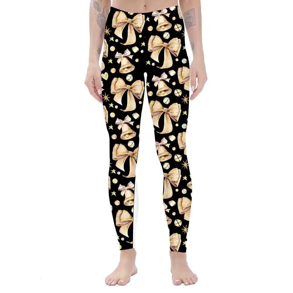

Autumn Winter New Christmas Leggings Funny Gold Bell Bow Printed Patterns Festival Dress High Waist M-XL sizes Stretched Pants