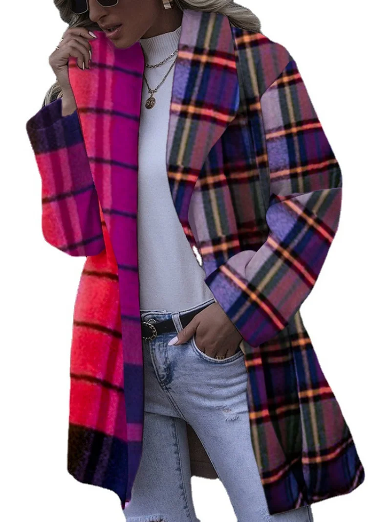 

2023 New Long traff Print Contrast Plaid Coat Woolen Windbreaker winterjas dames coatsts and jackewomen