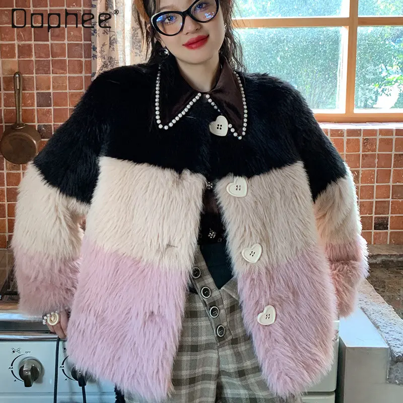 2022 Winter New Designer Single-Breasted Imitation Fur Pink Coat for Ladies Socialite Gold Loose Slimming Long Sleeve Fur Jacket