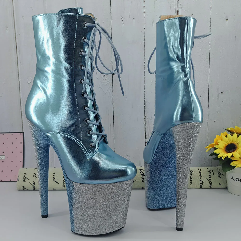 Leecabe  Light blue Glitter 20CM/8inches Pole dancing shoes High Heel platform Boots closed toe Pole Dance boots