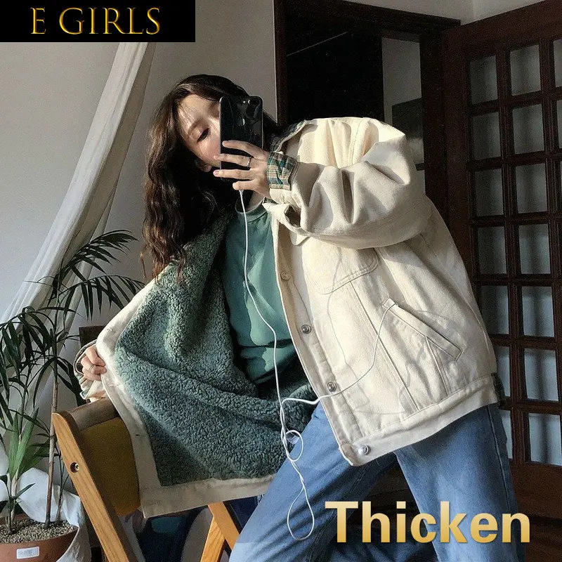 E GIRLS Short Style Parkas Women Plaid Pocket Single Breasted Winter Womens Harajuku Thicker Aesthetic Warm Fashion  Outwear