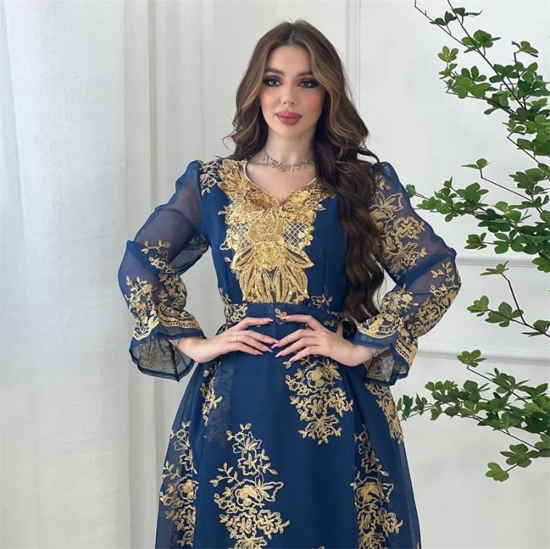 Mesh Sequin Gold Thread Embroidery Gurban Arab Dubai Robe Modest Muslim Moroccan Kaftan Party Evening Dresses Eid Al Adha New