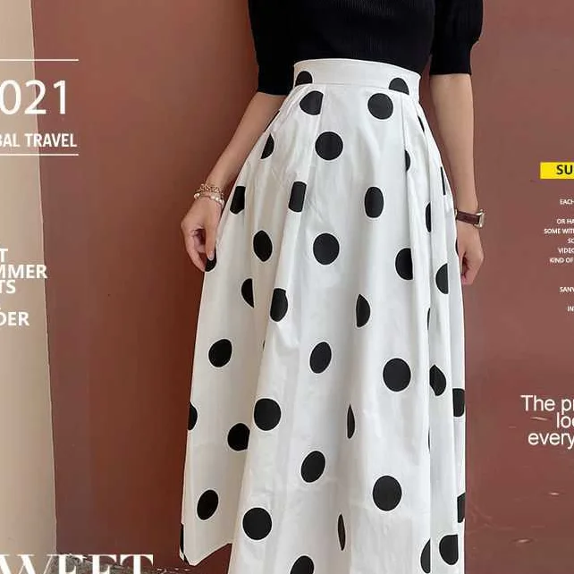 

vintage Spring and 2023 New Summer High Elastic Waist Black Polka Dot Chiffon Print Fringe High Slit Skirt Female Fashion Trend