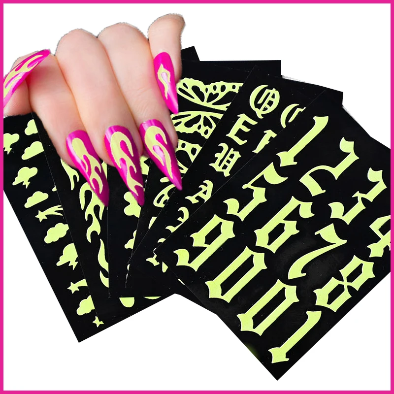 

1 Set 3D Fluorescent Nail Stickers Number Letter Butterfly Cloud Flame Nail Art Decoration For Punk Party Manicure Decals 1#
