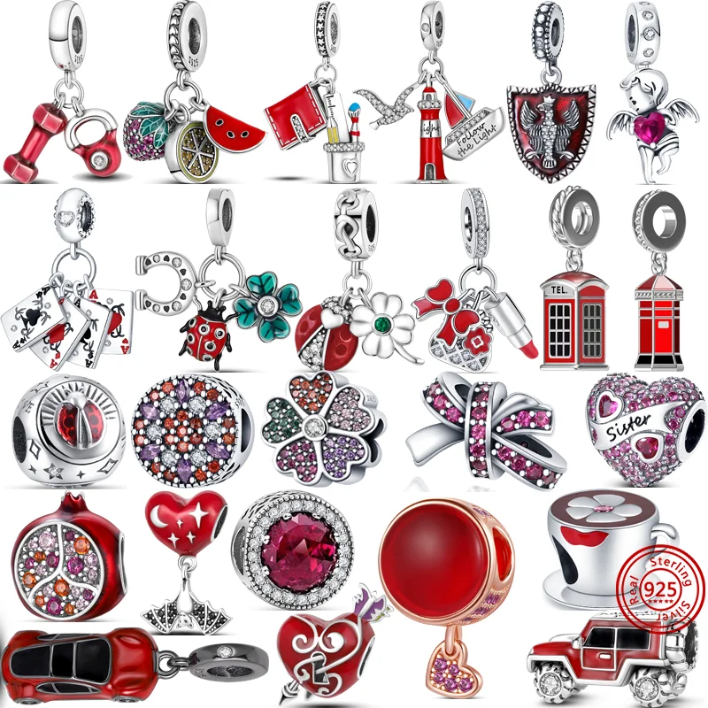 

New Red Murano Glass Four Leaf Clover Heart Bow Strawberry Fine Beads Fit Original Pandora Charm Bracelet 925 Silver DIY Jewelry