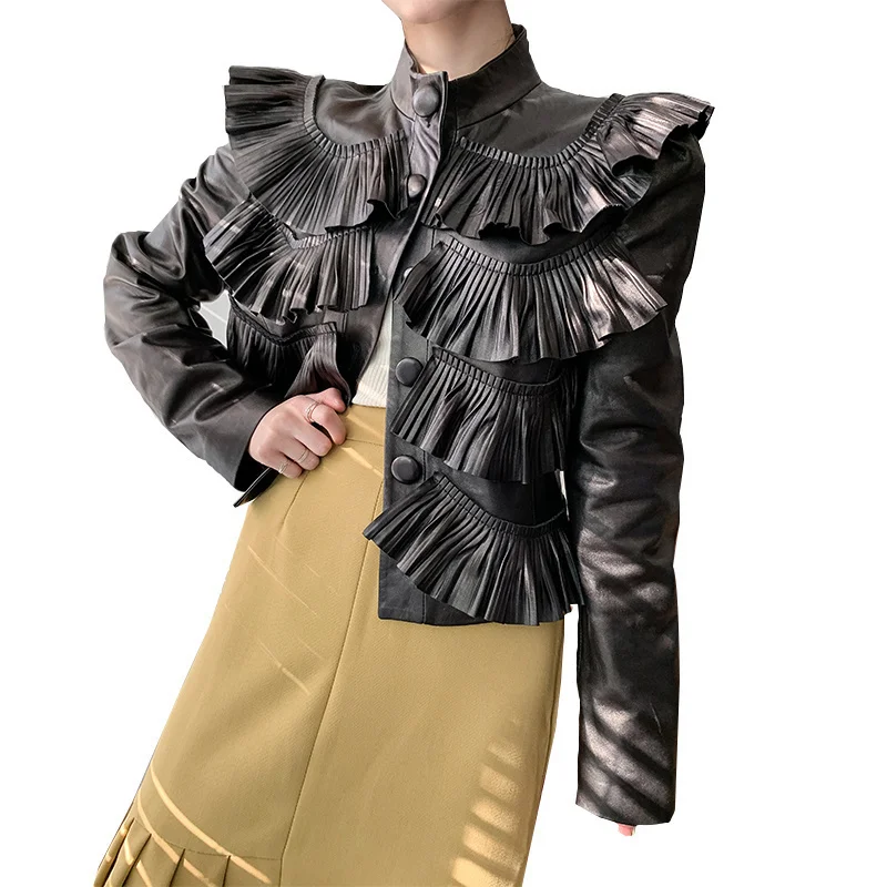 

2023Leather jacket,Fashion Ruffle Real Sheepskin Leather Jackets Women Spring Autumn Korean Simple Short Coat Female Cuero Genui
