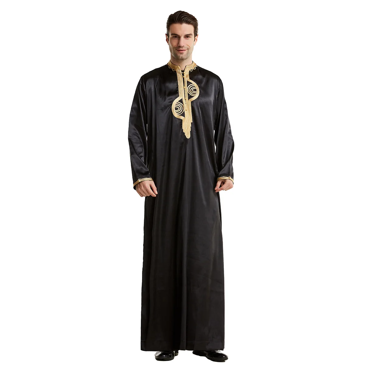 Fashion Muslim Abaya House Robe for Men Casual East Stand Collar Embroidered Silk Robe Abaya Man Solid Islamic Clothing Mens