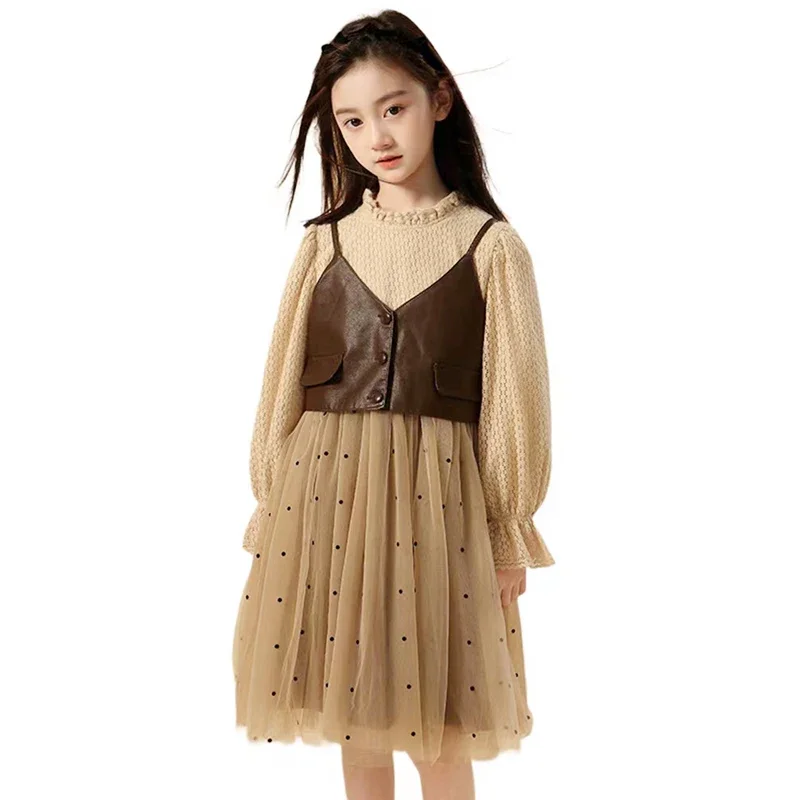 Комплекты из 2 предметов для девочек на весну и осень вязаное Сетчатое платье в