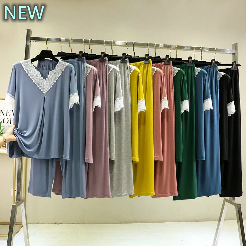 Women's Pajamas Set Modal NEW Soft Casual Sleepwear Set Women Pajama Set Short Sleeves Fashion Lace V-Neck Shirt Pant Homewear