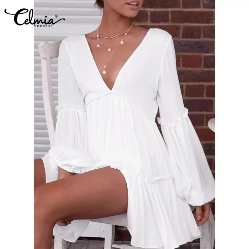 

Celmia Casual Stitched Pleats A Line RobeFashion Deep V-neck Mini Dress 2022 Sexy Women Backless Long Puff Sleeve Short Vestido