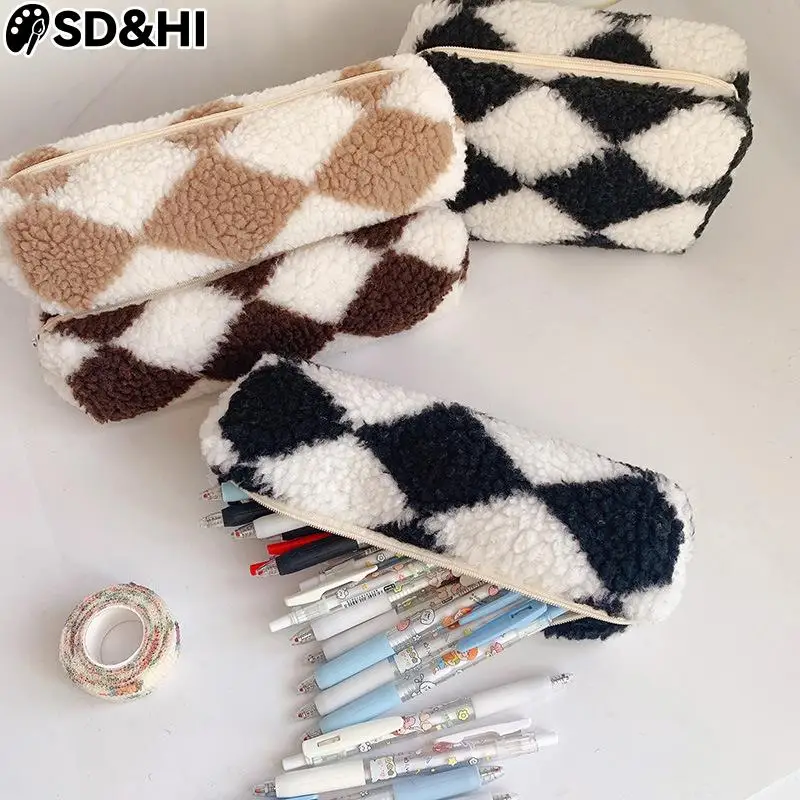 

1pc Plush Stripe Style Pencil Case Ins Fashion Large Capacity Pencil Bag Cosmetic Pouch Storage For Stuent Stationery Supplies