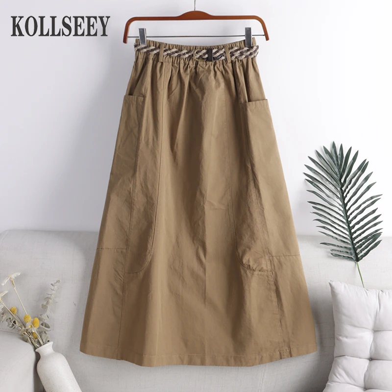 2022 Spring New Fashion Solid Color Skirt Women's Cotton Fabric Khaki Large Pocket Belt Japanese Literary A-line Skirt enlarge