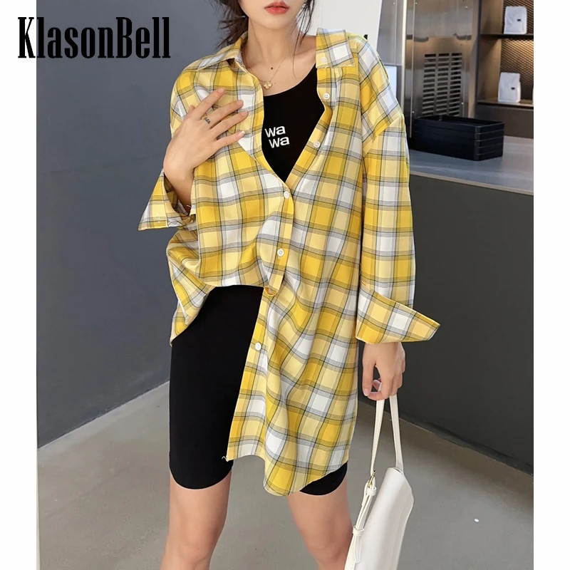 12.14 KlasonBell 2 Piece Set Single Breasted Long Sleeve Plaid Midi Shirt With Tank Top Lining Women