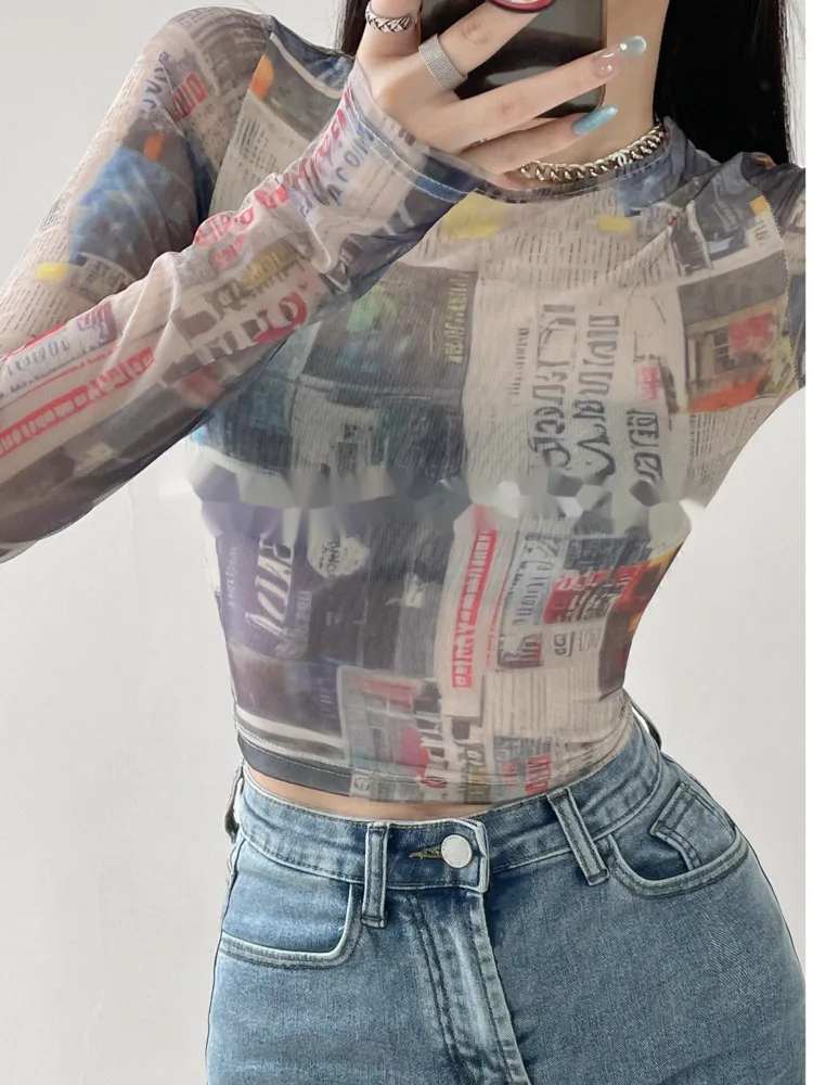 

TVVOVVIN 2023 Autumn New Girls Tie Dyed Mesh Round Neck T-shirt Women's Atmosphere Slim Fit Waist Slim Short Sleeve Top OD82