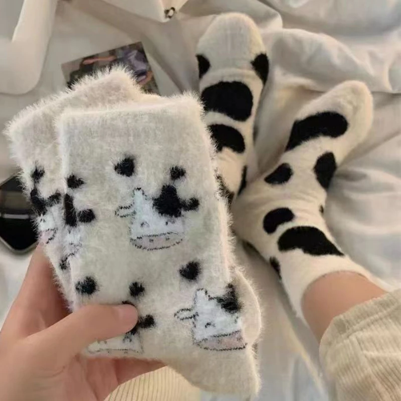 

Sweet Cow Spot Mink Velvet Socks Imitation Mink Socks Winter Plush Warm Home Sleeping Socks Japanese Cartoon Furry Tube Socks