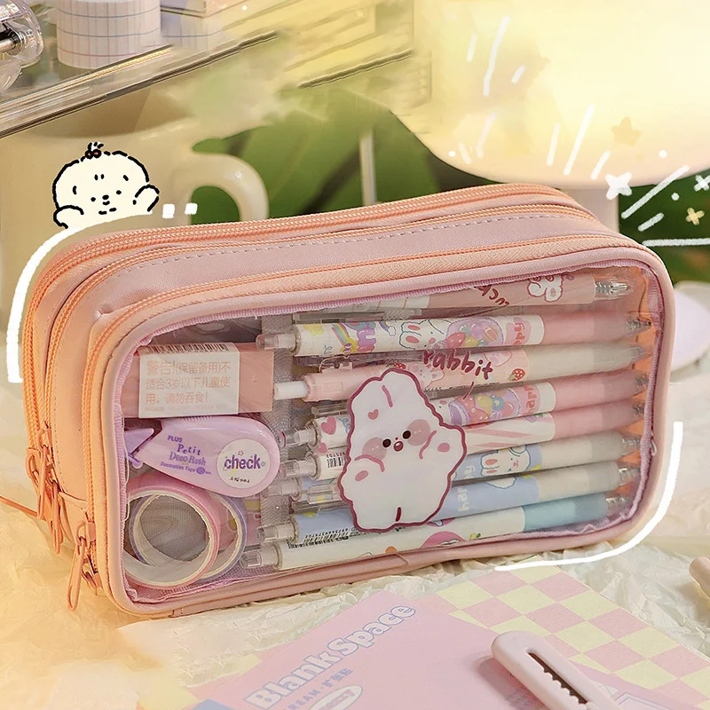 

Lovely pencil bag transparent student cartoon pencil bag stationery storage bag ins wind large capacity waterproof stationerybox