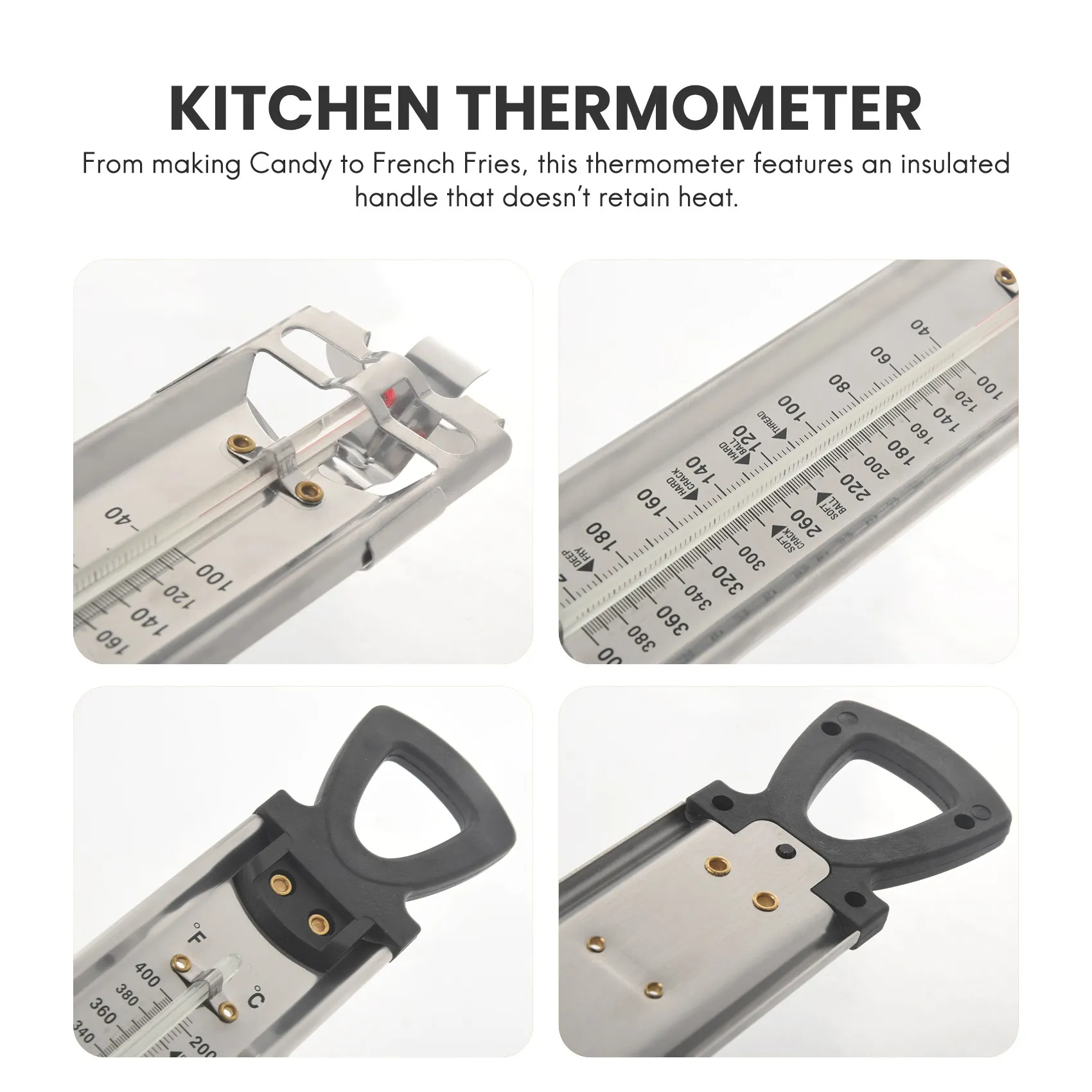 Термометр для конфет/желе/фритюра нержавеющая сталь с зажимом кастрюли и