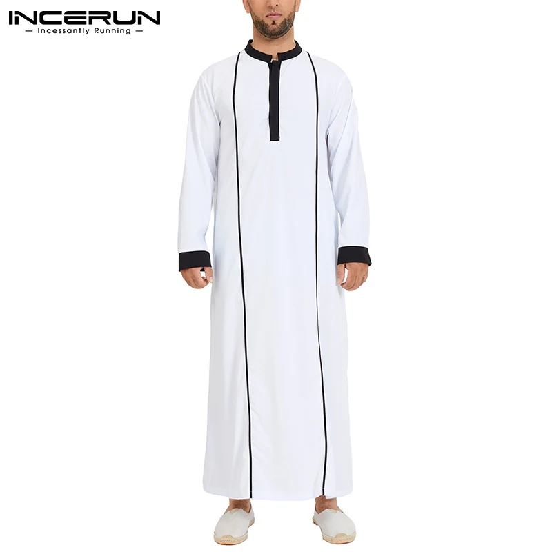 

Men Muslim Kaftan Patchwork Jubba Thobe Stand Collar Loose Long Sleeve Male Caftan Islamic Arabic Robes Men Abaya S-5XL INCERUN