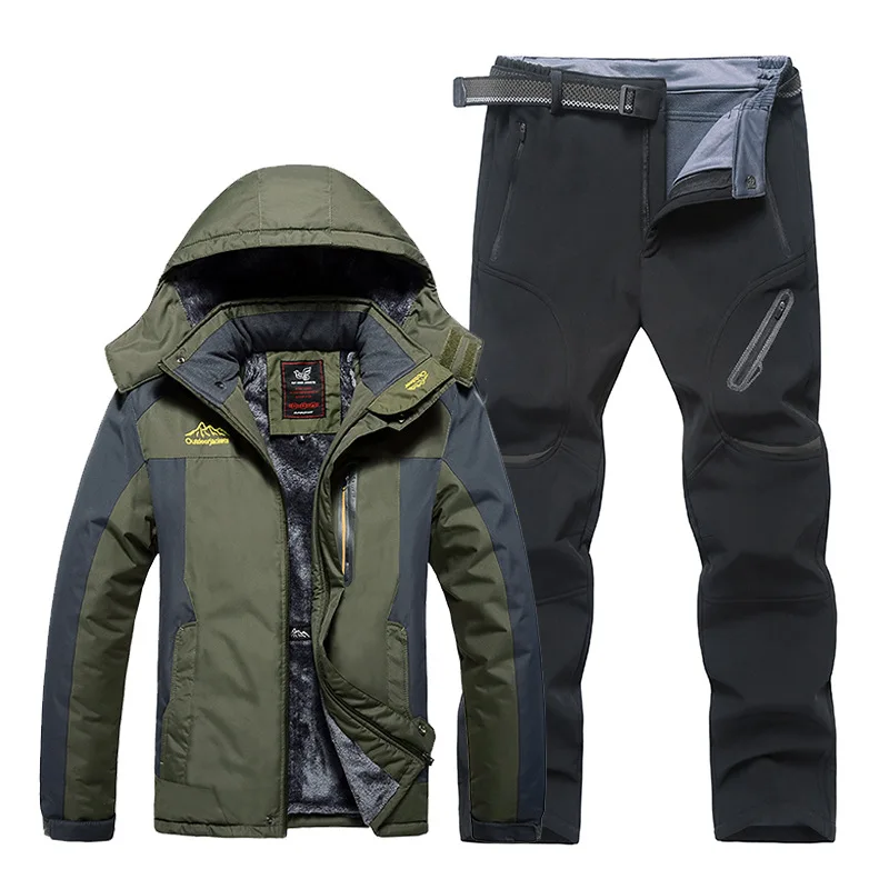 Mountaineering Suit Jacket and Pants Suit Winter Fleece Thickening Outdoor Jacket and Pants Suit Men's