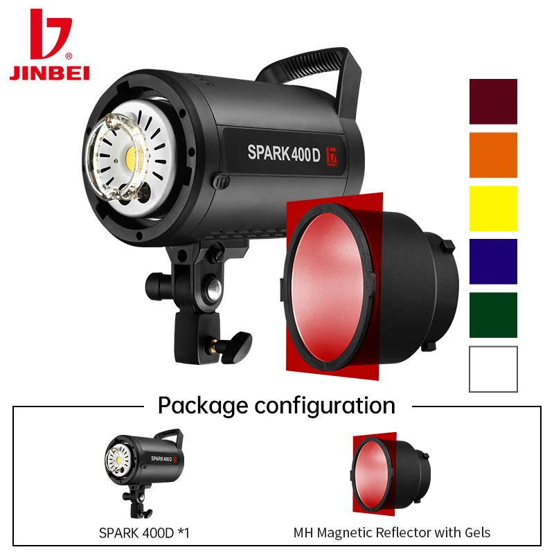 

JINBEI SPARK400D 400Ws Studio Flash Strobe Built-in 2.4G Wireless with Barn Door Color Gels Reflector for Photography Shooting