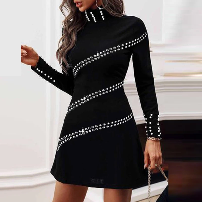 

2022 Fashion Turtleneck Long Sleeve Rivet Black Dress Elegant Lady Beaded Patchwork Short Mini Dress Women Sexy Slim Party Dres