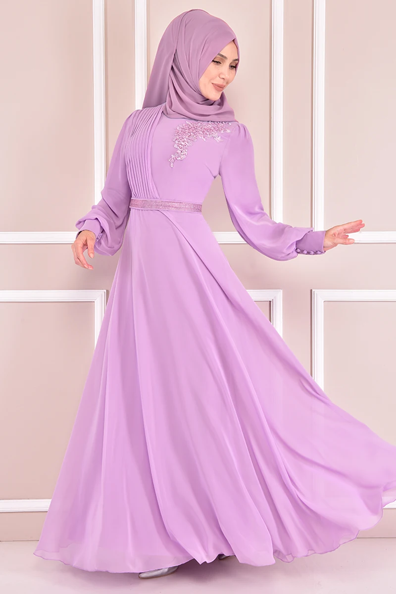Платье с жемчужинами, сиреневое мусульманское вечернее платье, женская одежда с длинным рукавом, абайя, Дубай, роскошное мусульманское плат...