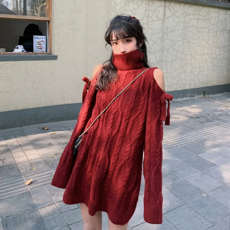 

Women New Fall Winter Sexy Strapless Long Sweater Fashion High Neck Long Sleeve Pullover Cold Shoulder Loose Twist Knitted Top