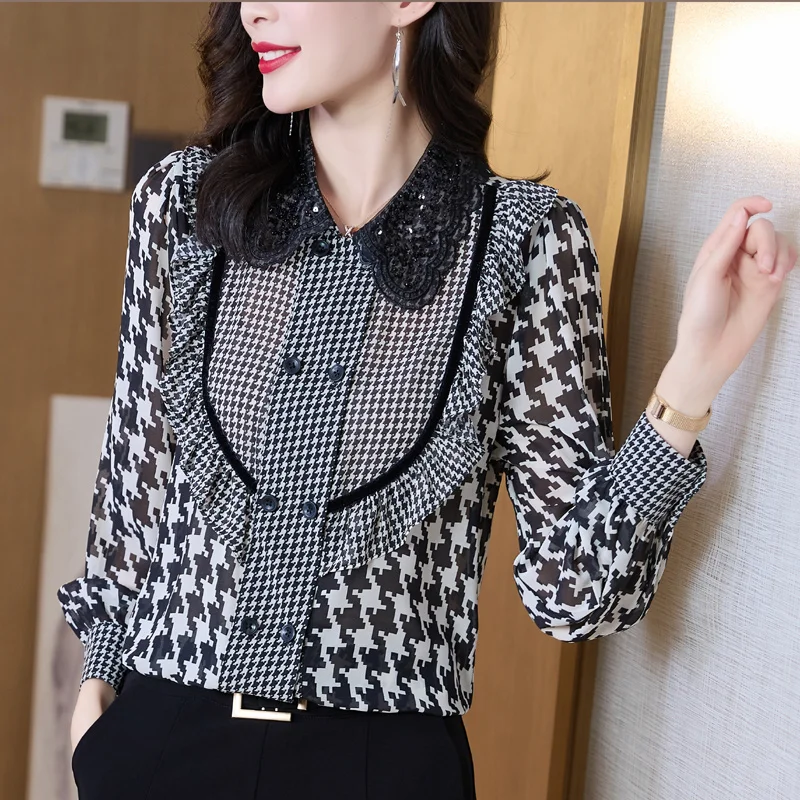 

Women Blouse 2022 Spring and Autumn New Heavy Industry Silk Shirt Women's French Doll Collar Plaid Long-Sleeved Tops