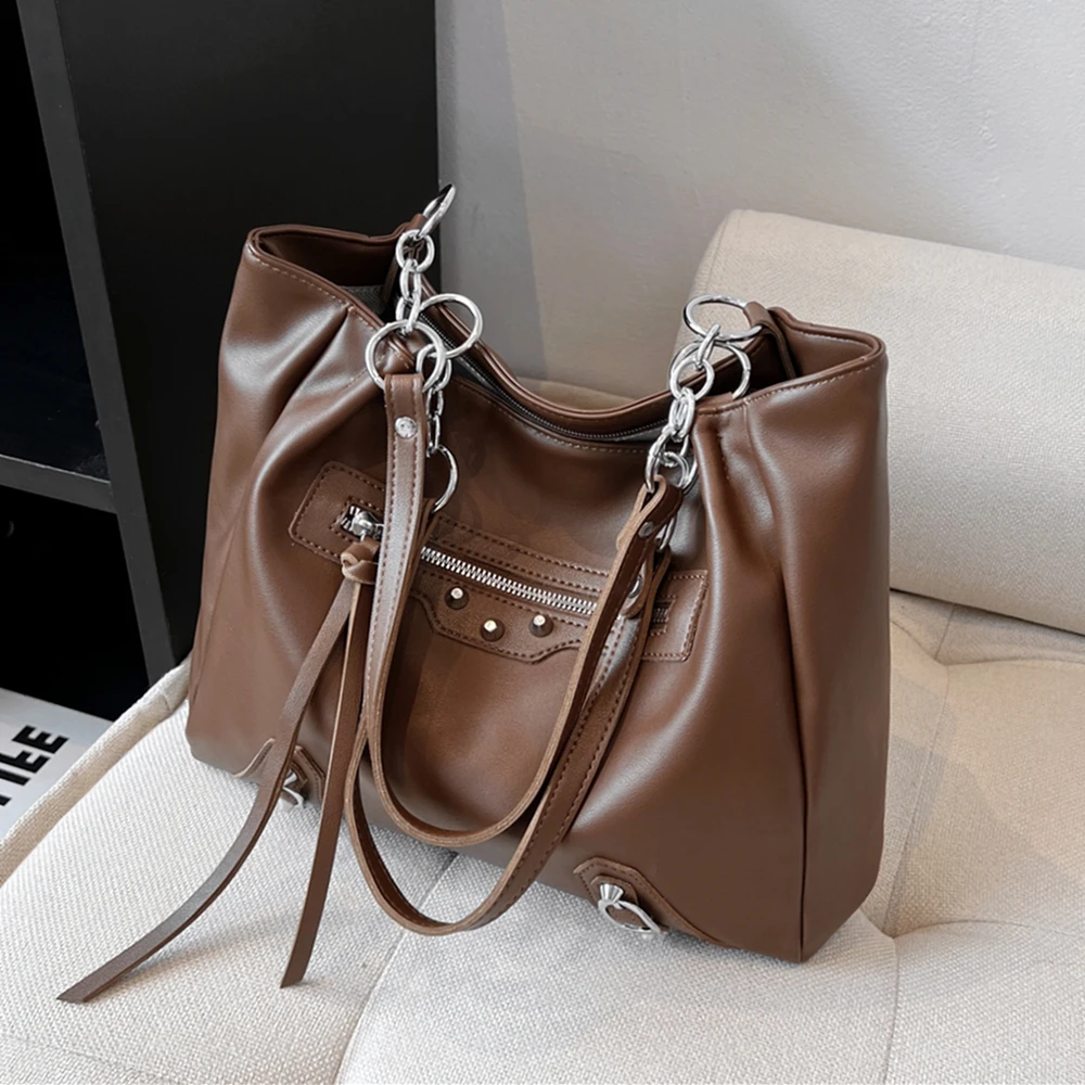 

Vintage Rivets Design Chain Soft Tote Shoulder Bags For Women New 2022 Trend Fashion Large Capacity Work Shopper Ladies Handbags