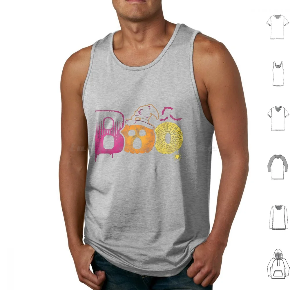 

Boo Halloween T-Shirt With Pumpkin Spiders And Witch Hat Tank Tops Vest Sleeveless Boo Halloween With Pumpkin Spiders And