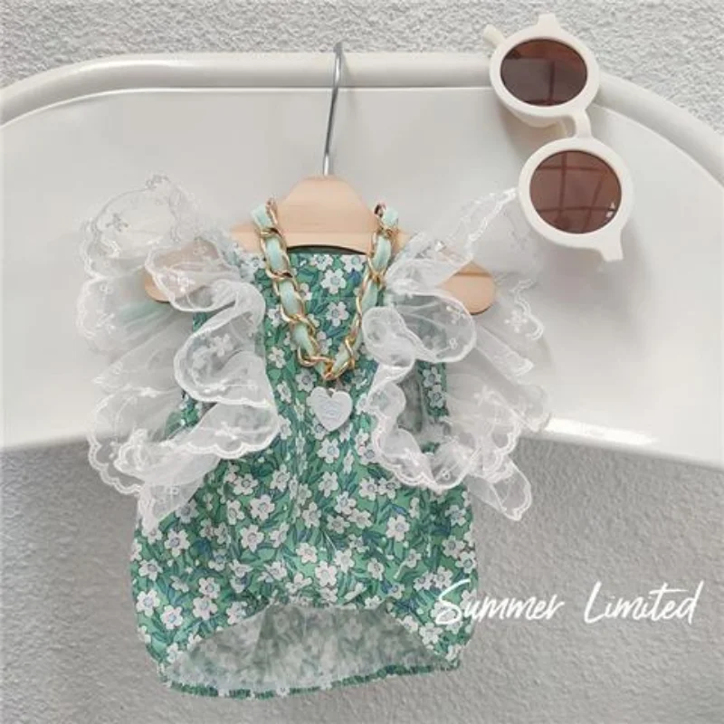 

Floral Lace Flutter Sleeve Vest Dog Clothes Green dress Small Dogs Clothing Cat Spring Summer Thin Korean Fashion Pet Products