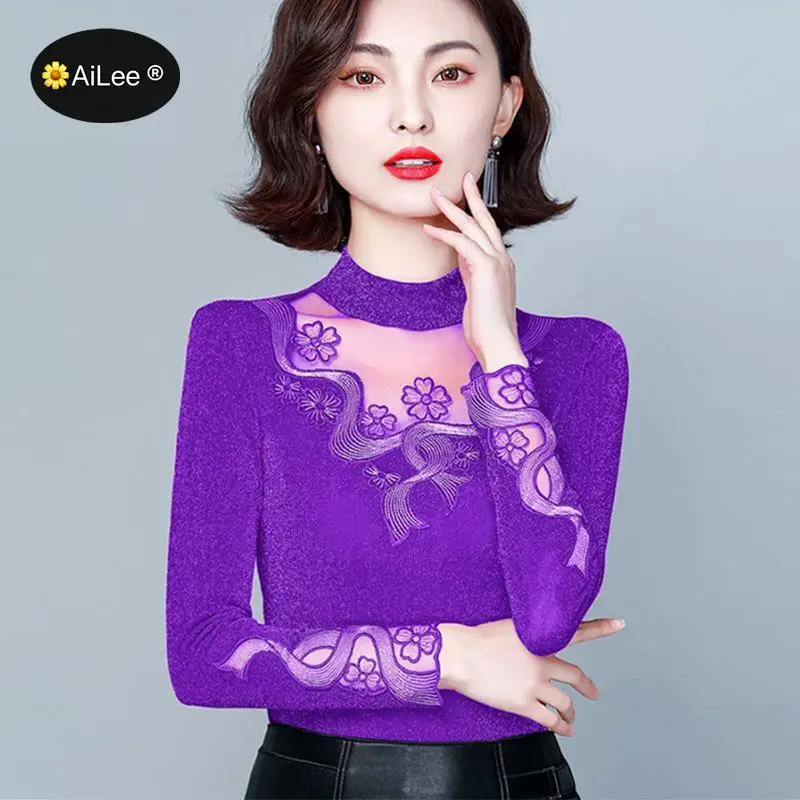 Винтажный кружевной пуловер с высоким воротником блузка женская зимняя