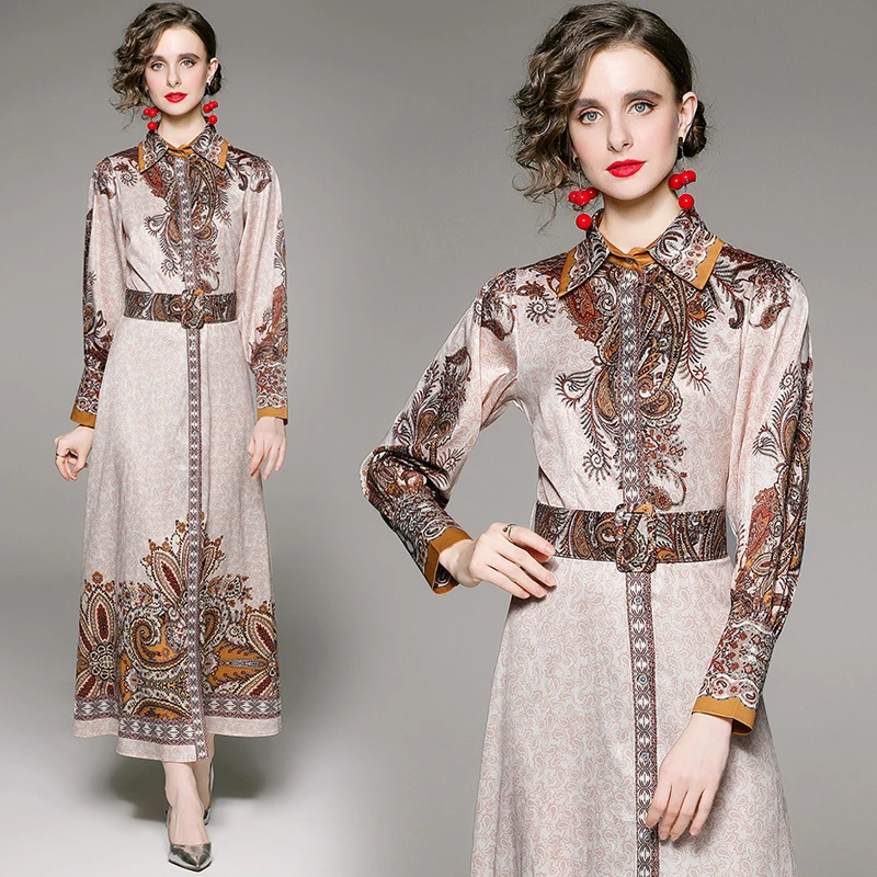 

European and American Long Sleeve Fashion Single Breasted Shirt Maxi Dress Turn-down Collar Women Office PARTY Maxi Dress Robes