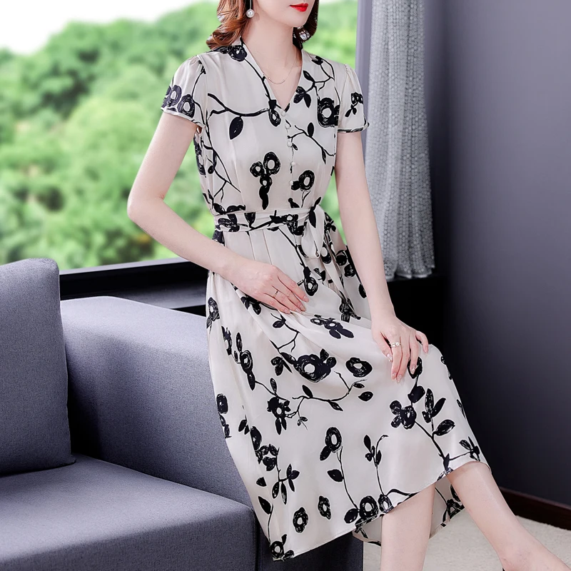 

Summer Dress Women Short Sleeve Flroal Printed Vintage Dress High Waistt Long Strap V-neck Mid-calf Dresses Vestidos Sundress OL