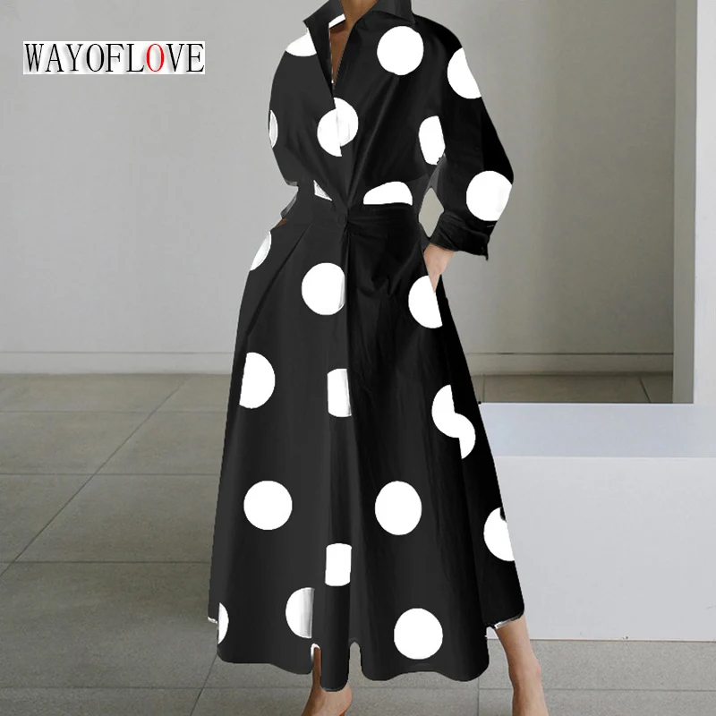 

WAYOFLOVE Ladies Black Long Dress Dots Print V-neck Long Sleeve Vestidos Female Elegant Office Lady Dresses Button Women's Dress