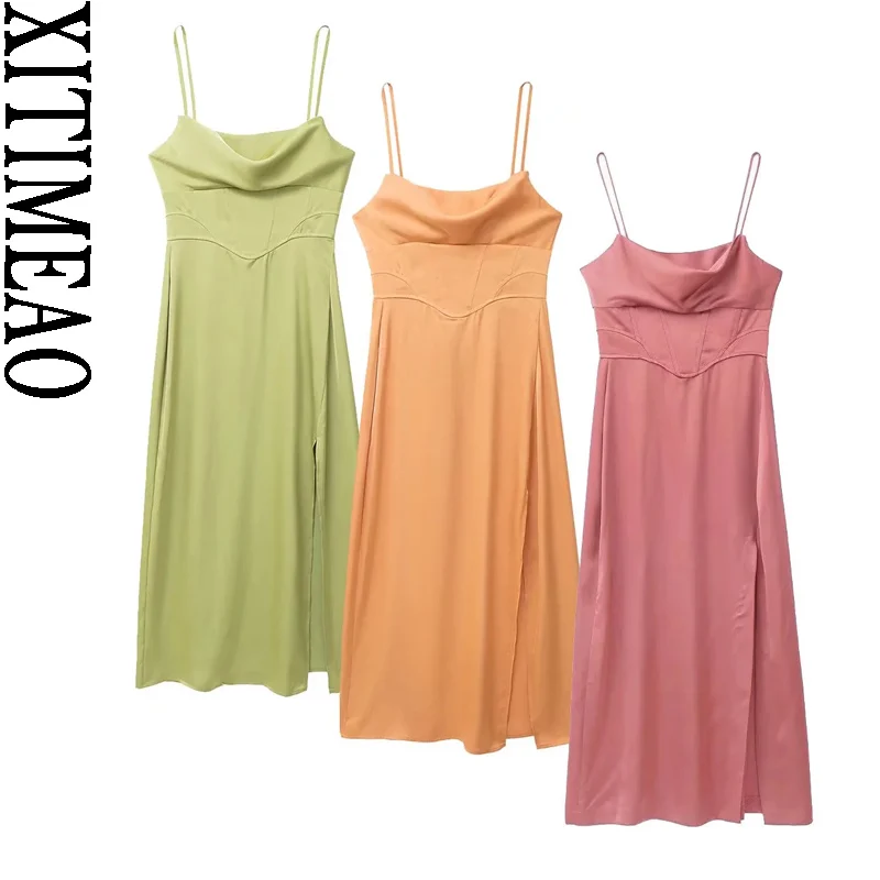 

Xitimeao Women Fashion Front Slit Satin Dress Vintage Backless Thin Straps Female Dresses Vestidos Mujer
